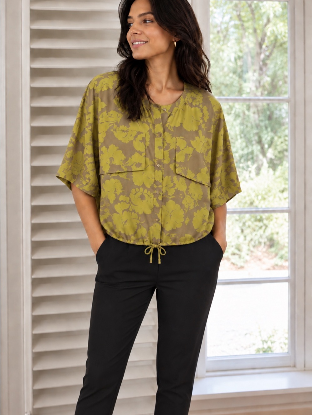Diane Von Furstenberg Olive Green Floral Drawstring Blouse